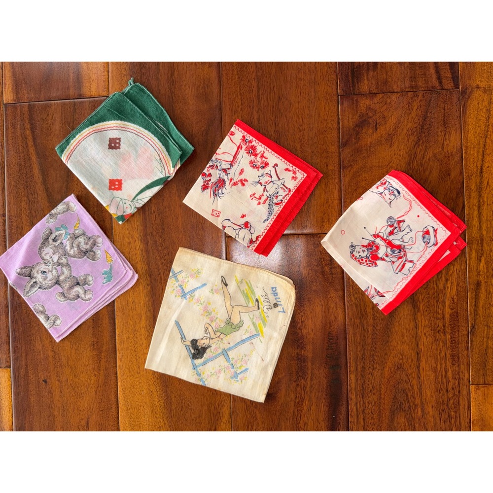 Vintage Handkerchief Lot 5pc OS Multicolor Fair Novelty Print Kitsch